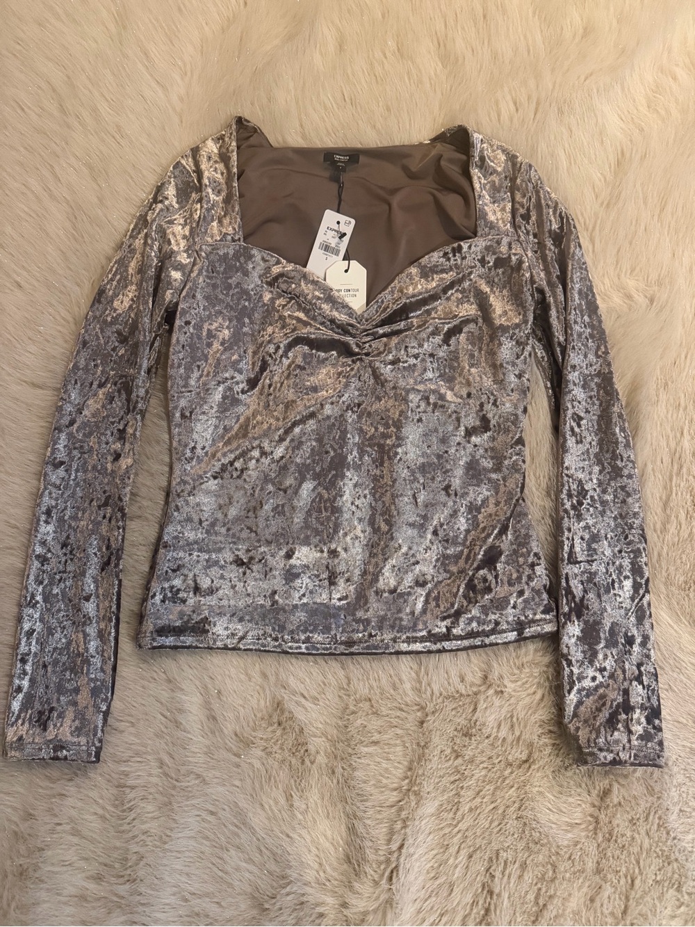 Express Crushed Velvet Long Sleeve Top - Silver Gray